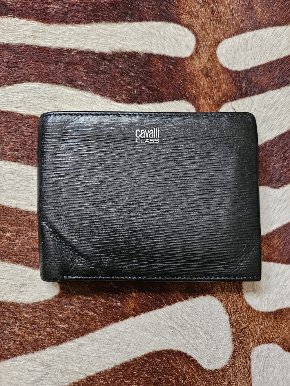 Cavalli Class Men's Black Logo Print Textured Leather Bifold Wallet
